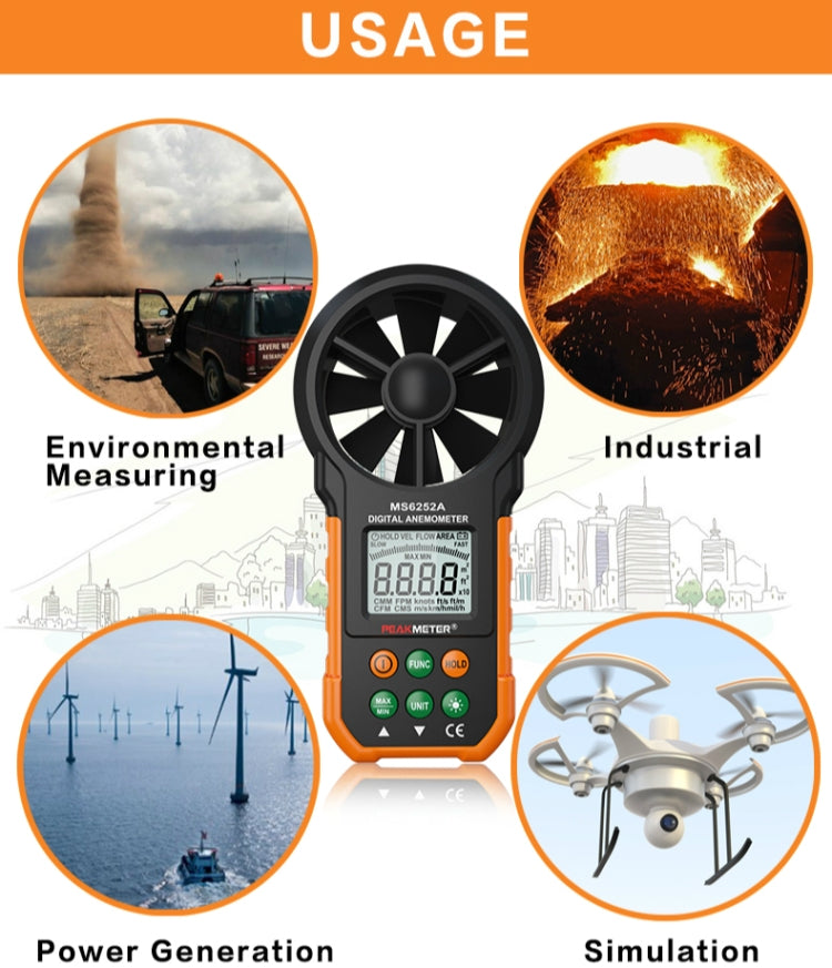 PEAKMETER 고정밀 디지털 표시 풍속 공기량 측정기, MS6252A 풍속, 공기량, MS6252B 온도, 습도, USB