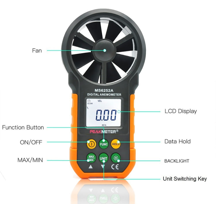 PEAKMETER 고정밀 디지털 표시 풍속 공기량 측정기, MS6252A 풍속, 공기량, MS6252B 온도, 습도, USB