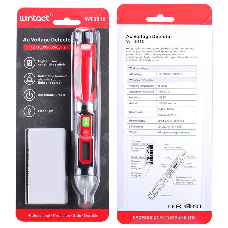 WINTACT WT3010 LED AC 전압 테스터 비접촉 감지 펜 12-1000V AC 전압 감지기, WINTACT WT3010