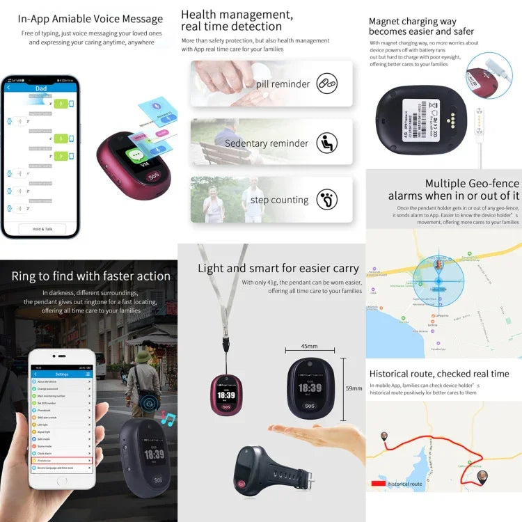 REACHFAR RF-V45-B 미니 터치 스크린 GPS 스마트 추적기 펜던트, SOS / 카메라 / 건강 관리 / 4G LTE 지원, 북미 / 남미 / 호주용, RF-V45-B 터치 스크린