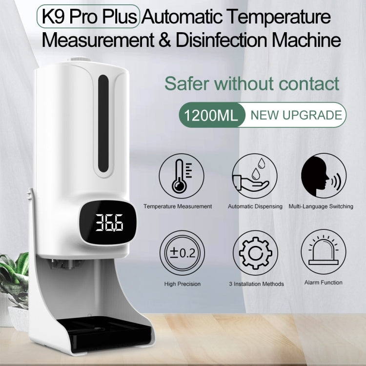 K9 Pro Plus 핸즈프리 비접촉 체온계 + 1000ml 자동 비접촉 액체 비누 디스펜서 베이스 마운트 포함, 15개 국어 음성 방송, K9 Pro Plus