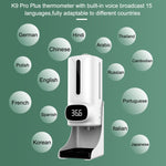 K9 Pro Plus 핸즈프리 비접촉 체온계 + 1000ml 자동 비접촉 액체 비누 디스펜서 베이스 마운트 포함, 15개 국어 음성 방송, K9 Pro Plus