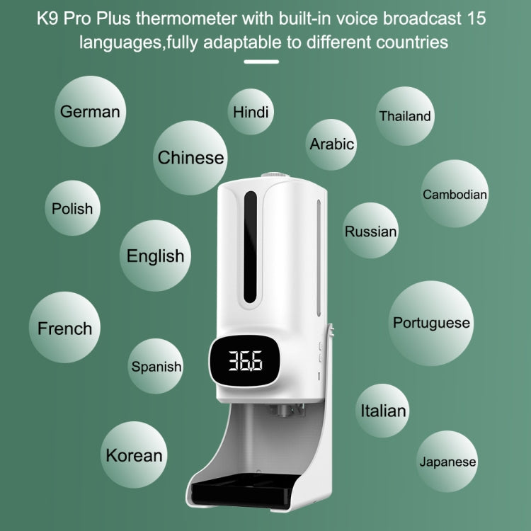 K9 Pro Plus 핸즈프리 비접촉 체온계 + 1000ml 자동 비접촉 액체 비누 디스펜서 베이스 마운트 포함, 15개 국어 음성 방송, K9 Pro Plus
