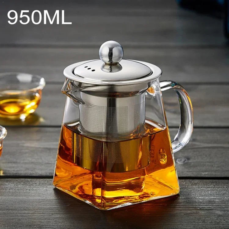 스테인리스 스틸 투명 내열 유리 필터 티포트, 용량: 950ml, 용량: 950ml