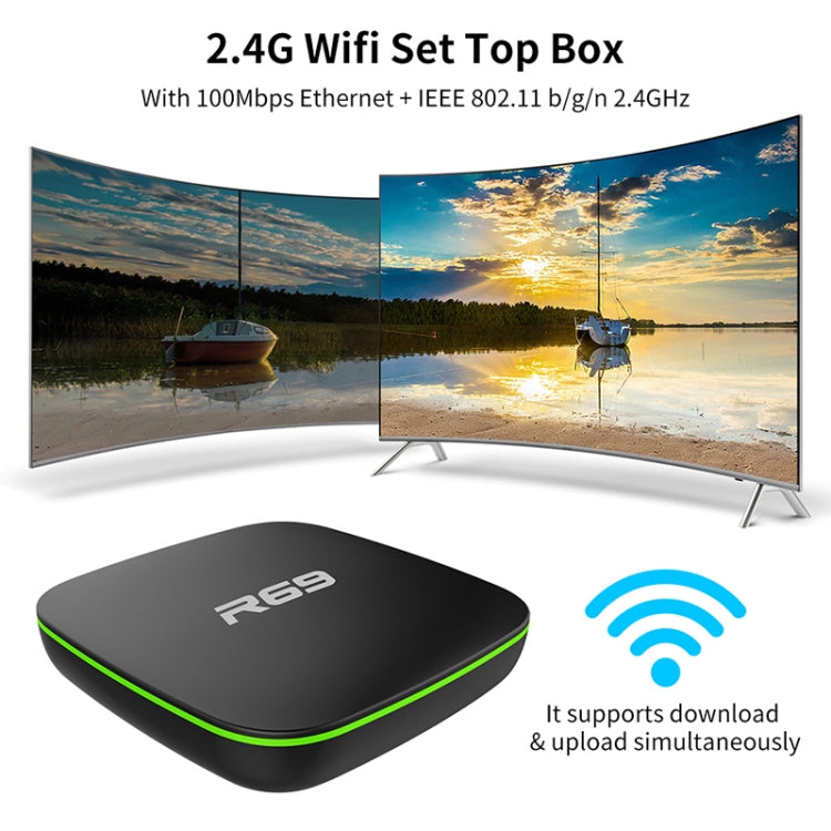 R69 1080P HD 스마트 TV 박스 안드로이드 4.4 미디어 플레이어 리모컨 포함, 쿼드코어 Allwinner H3, RAM: 1GB, ROM: 8GB, 2.4G WiFi, LAN, EU 플러그, 1GB+8GB