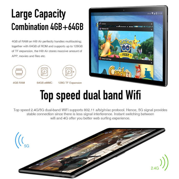 Android 8.0, MTK (Helio X27) 데카 코어 최대 2.1GHz, OTG, FM, 블루투스, 듀얼 밴드 WiFi 지원, 네트워크: 4G, Hi9 Air 4GB+64GB
