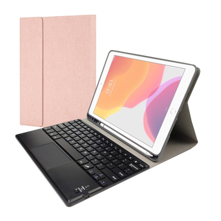 RK102C 분리형 자석 플라스틱 블루투스 키보드 터치패드 + 실크 패턴 TPU 태블릿 케이스 iPad 10.2용, 펜 슬롯 및 거치대 포함, RK102C