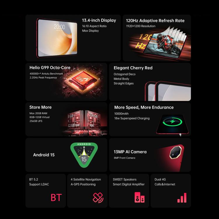 Teclast T65 Plus 4G LTE 태블릿 PC, 8GB+256GB, 13.4인치 안드로이드 15 MediaTek Helio G99 옥타 코어, 듀얼 SIM 지원, T65 Plus