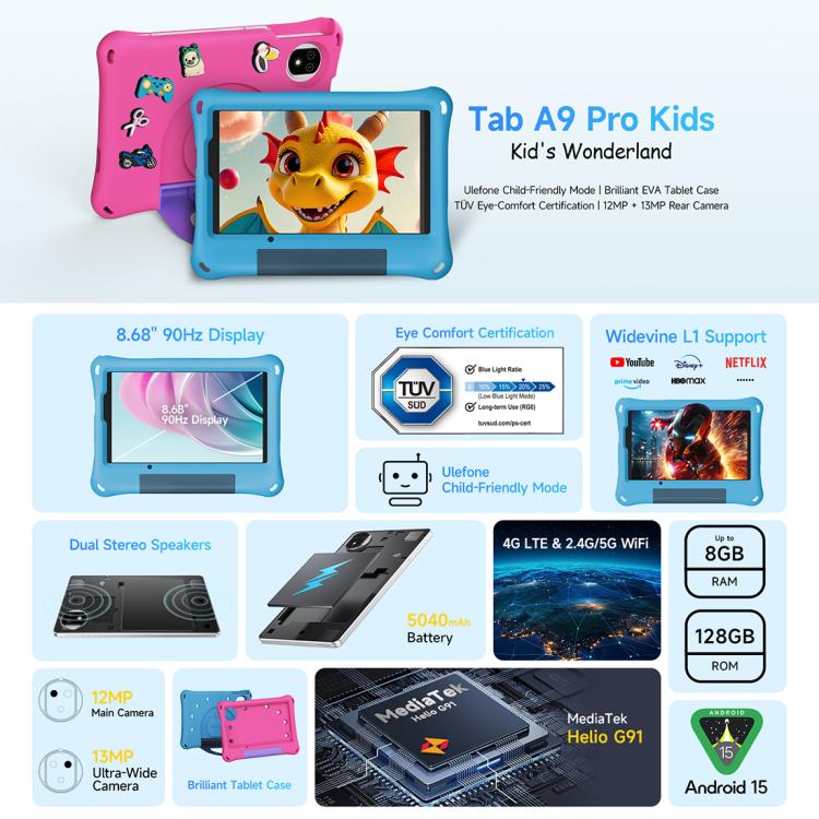 Ulefone Tab A10 Pro 키즈 태블릿 PC, 6GB+128GB, 8.68인치 안드로이드 15 MediaTek Helio G91 옥타코어 4G 네트워크, EU 플러그