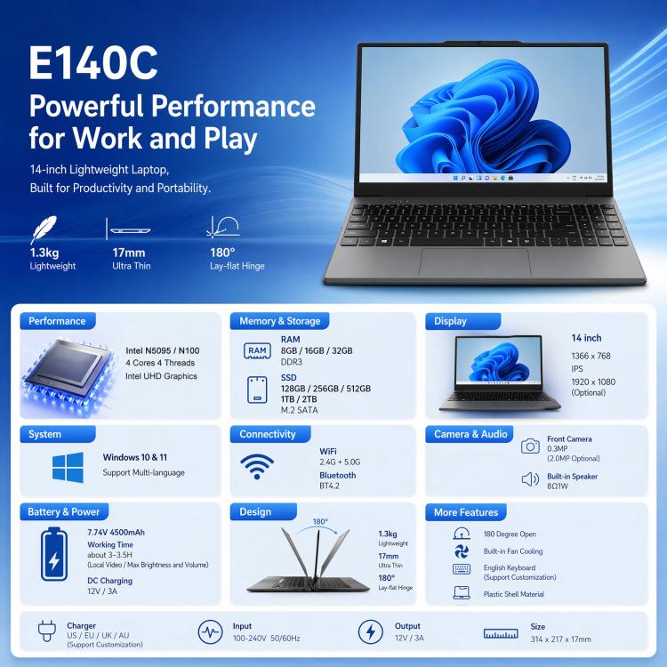 E140C 14 inch Lightweight Laptop, 8GB+256GB, Windows 11 Intel Alder Lake N100 Quad Core, US Plug, Intel N100