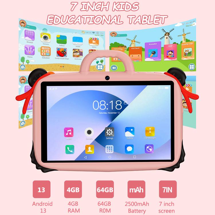 BDF 7인치 WiFi 키즈 태블릿 PC 네자 실리콘 케이스, 2GB+32GB, 안드로이드 8.1 MTK6735 쿼드 코어 CPU, 미국 플러그, 4GB+64GB