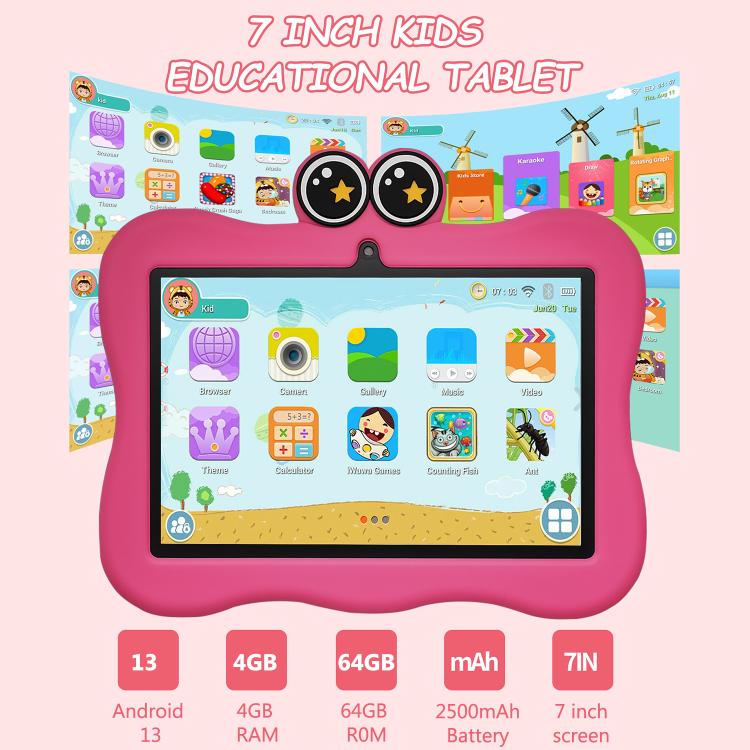BDF 7인치 WiFi 키즈 태블릿 PC 게 실리콘 케이스, 2GB+32GB, 안드로이드 8.1 MTK6735 쿼드 코어 CPU, 미국 플러그, 4GB+64GB