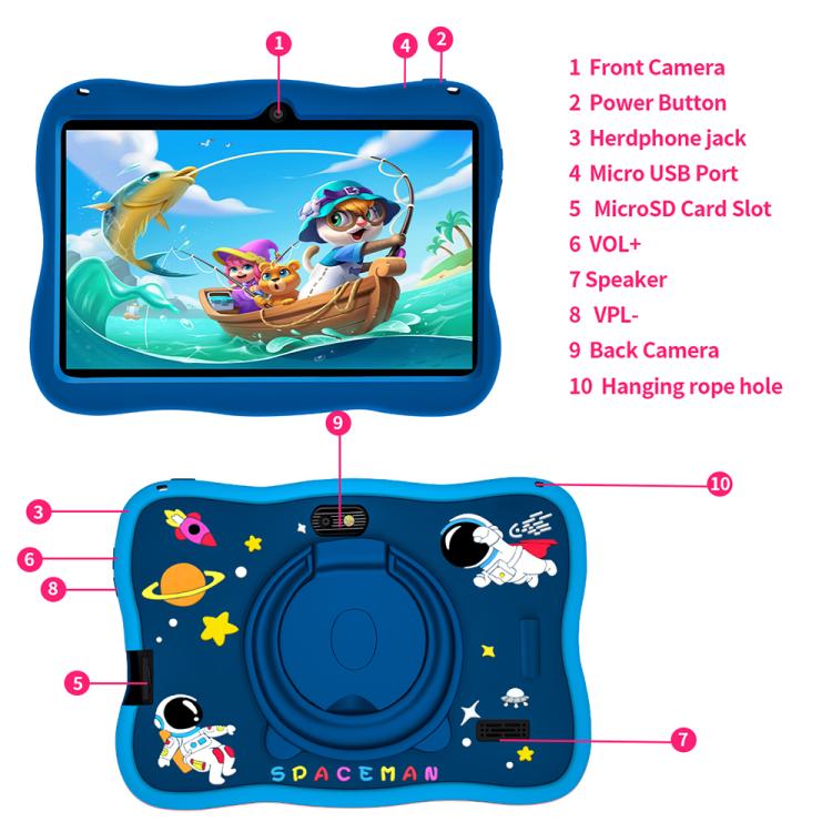 BDF 7인치 WiFi 키즈 태블릿 PC 우주인 실리콘 케이스, 2GB+32GB, 안드로이드 8.1 MTK6735 쿼드 코어 CPU, 미국 플러그, 4GB+64GB