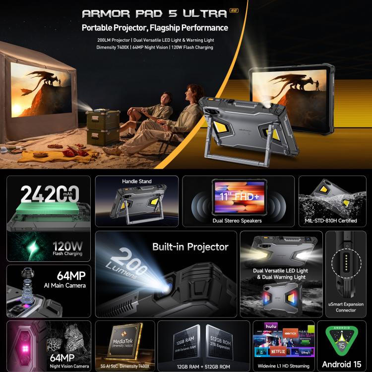 Ulefone Armor Pad 5 Ultra 러기드 태블릿 PC, 12GB+512GB, 11인치 Android 15 MediaTek Dimensity 7400X 옥타 코어 5G 네트워크, EU 플러그, Armor Pad 5 Ultra
