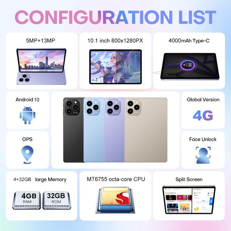 Pad 8 Pro 10.1인치 4G LTE 태블릿 PC 콤보 세트, 4GB+32GB, Android 10 MT6755 옥타 코어, 키보드 / 마우스 / 가죽 케이스 포함, UK 플러그, UK 플러그