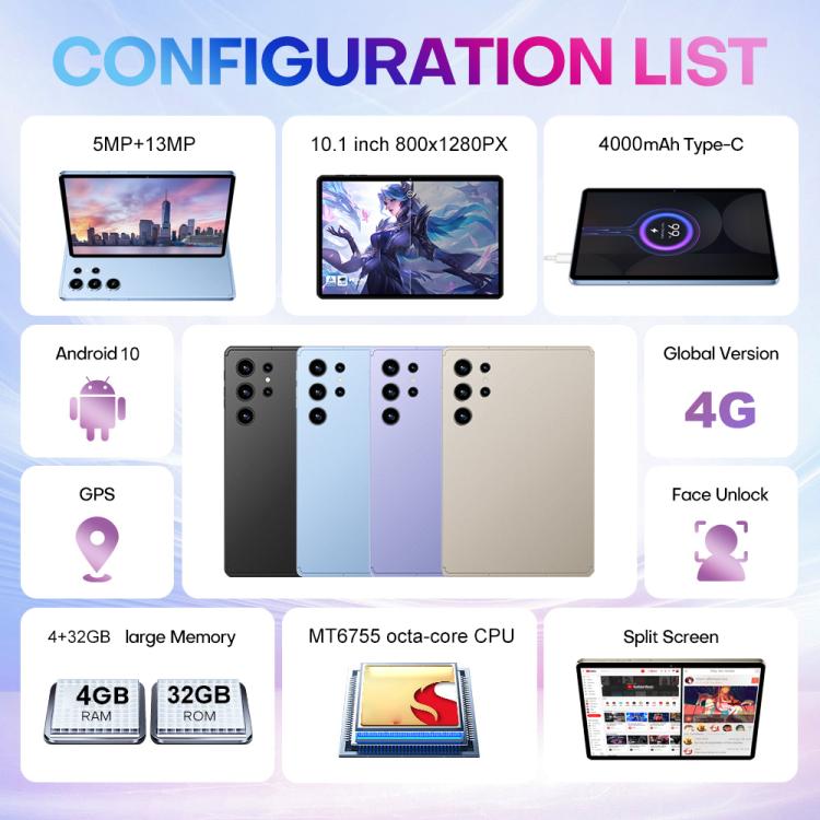 Pad 9 Pro 10.1인치 4G LTE 태블릿 PC 콤보 세트, 4GB+32GB, Android 10 MT6755 옥타 코어, 키보드 / 마우스 / 가죽 케이스 포함, US 플러그, US 플러그