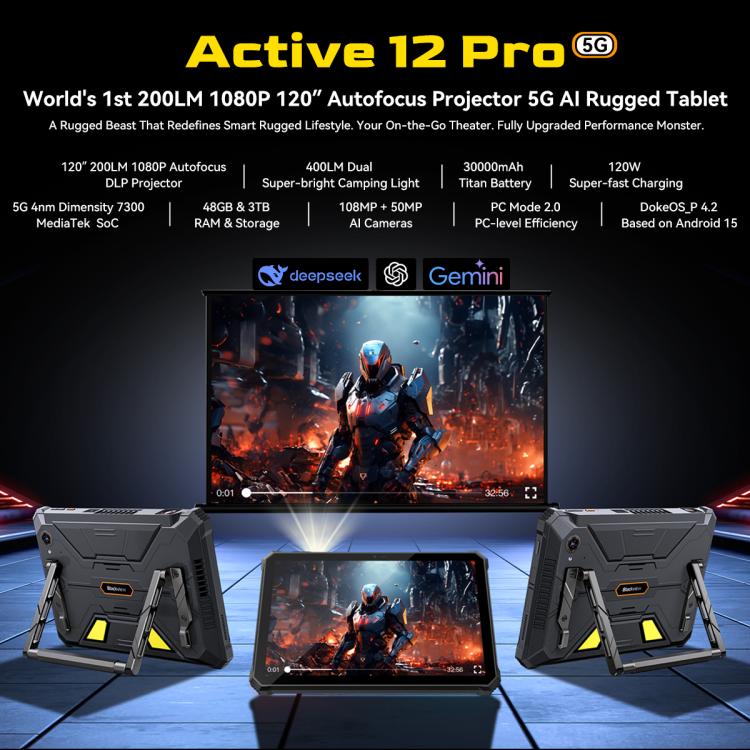 Blackview Active 12 Pro 5G 러기드 태블릿, 12GB+256GB, 11인치 Android 15 Dimensity 7300 옥타 코어, 구글 플레이 포함 글로벌 버전, 12GB+256GB