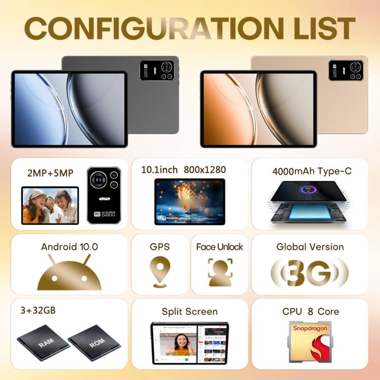Pad 8 Ultra 10.1인치 3G 전화 통화 태블릿 PC, 3GB+32GB, Android 10 MTK6755 옥타 코어, AU 플러그, AU 플러그