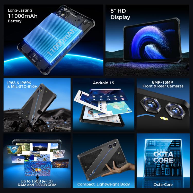 OUKITEL RT3 Plus 4G 네트워크 IP68/IP69K 방수 러기드 태블릿, 4GB+128GB, 8.0인치 안드로이드 15 MediaTek G81 옥타코어 듀얼 SIM 지원, EU 플러그, RT3 Plus 4GB+128GB