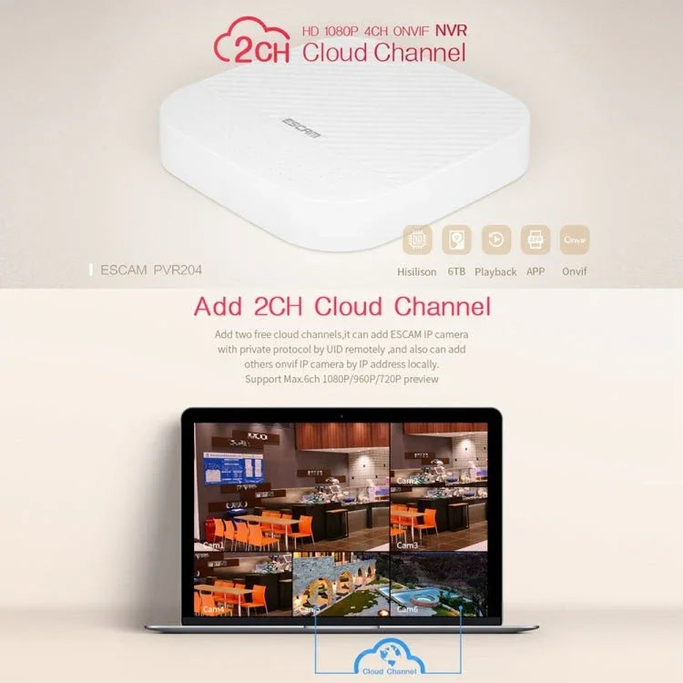 ESCAM PVR204 1080P 4CH+2CH ONVIF NVR Digital Video Recorder with 2CH Cloud Channel for IP Camera System - Trustpick