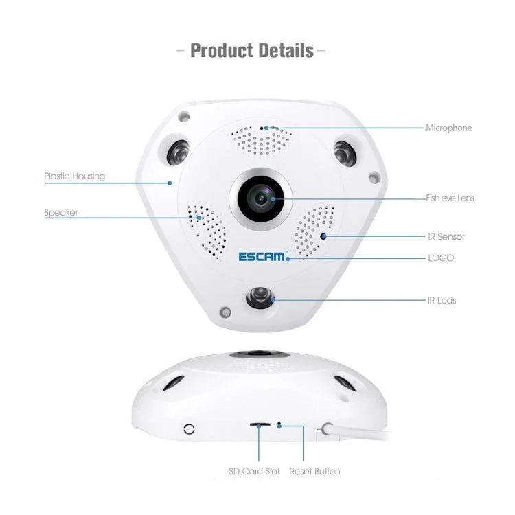 ESCAM Shark QP180 960P 360 Degrees Fisheye Lens 1.3MP WiFi IP Camera, Support Motion Detection / Night Vision, IR Distance: 10m - Trustpick
