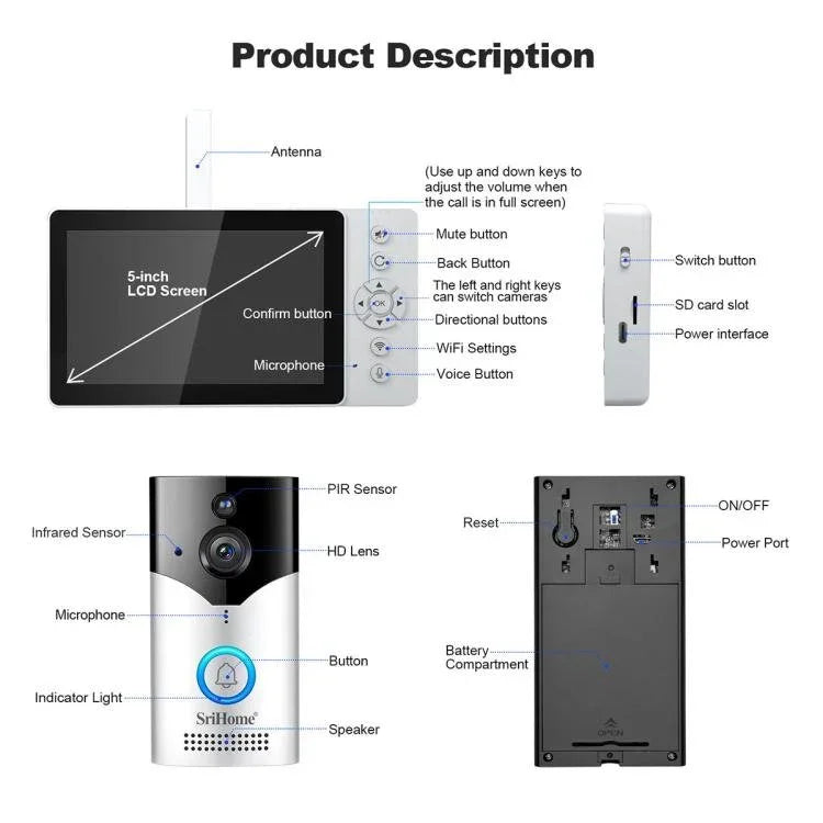 SriHome DH051+DH002 4MP HD Smart WiFi Video PIR Visual Doorbell Set - Trustpick